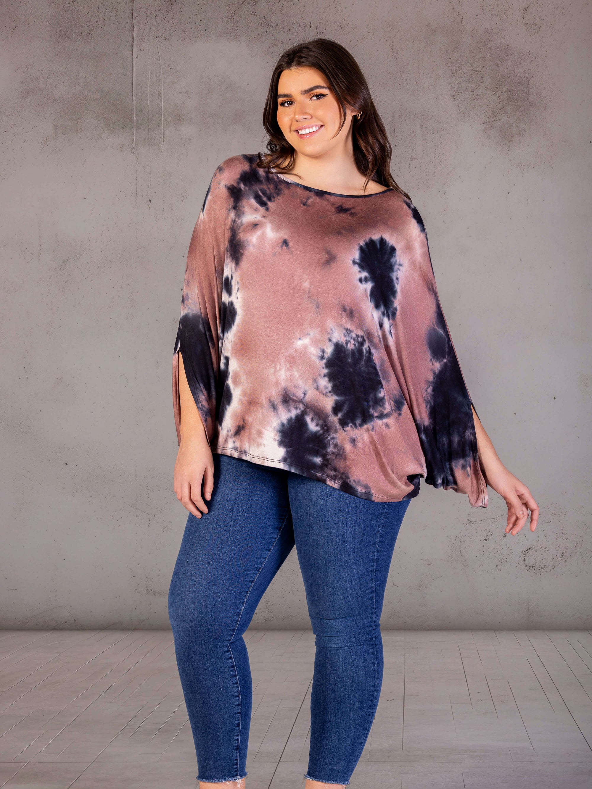 Plus Size Mocha Tie Dye Batwing Sleeve Relaxed Fit Top