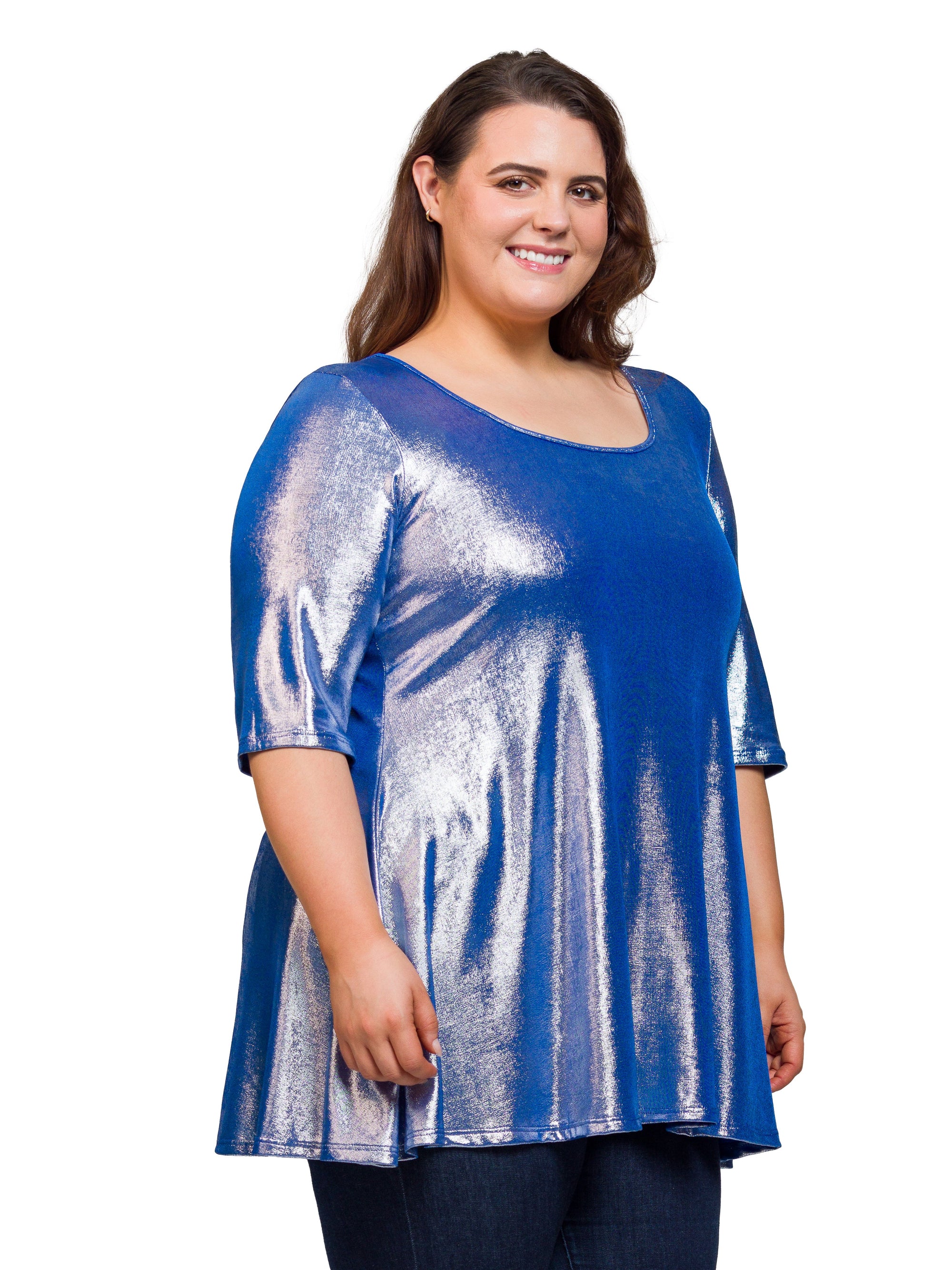 24seven Comfort Apparel Plus Size Pink Metallic Scoop Neck Flared Tunic Top