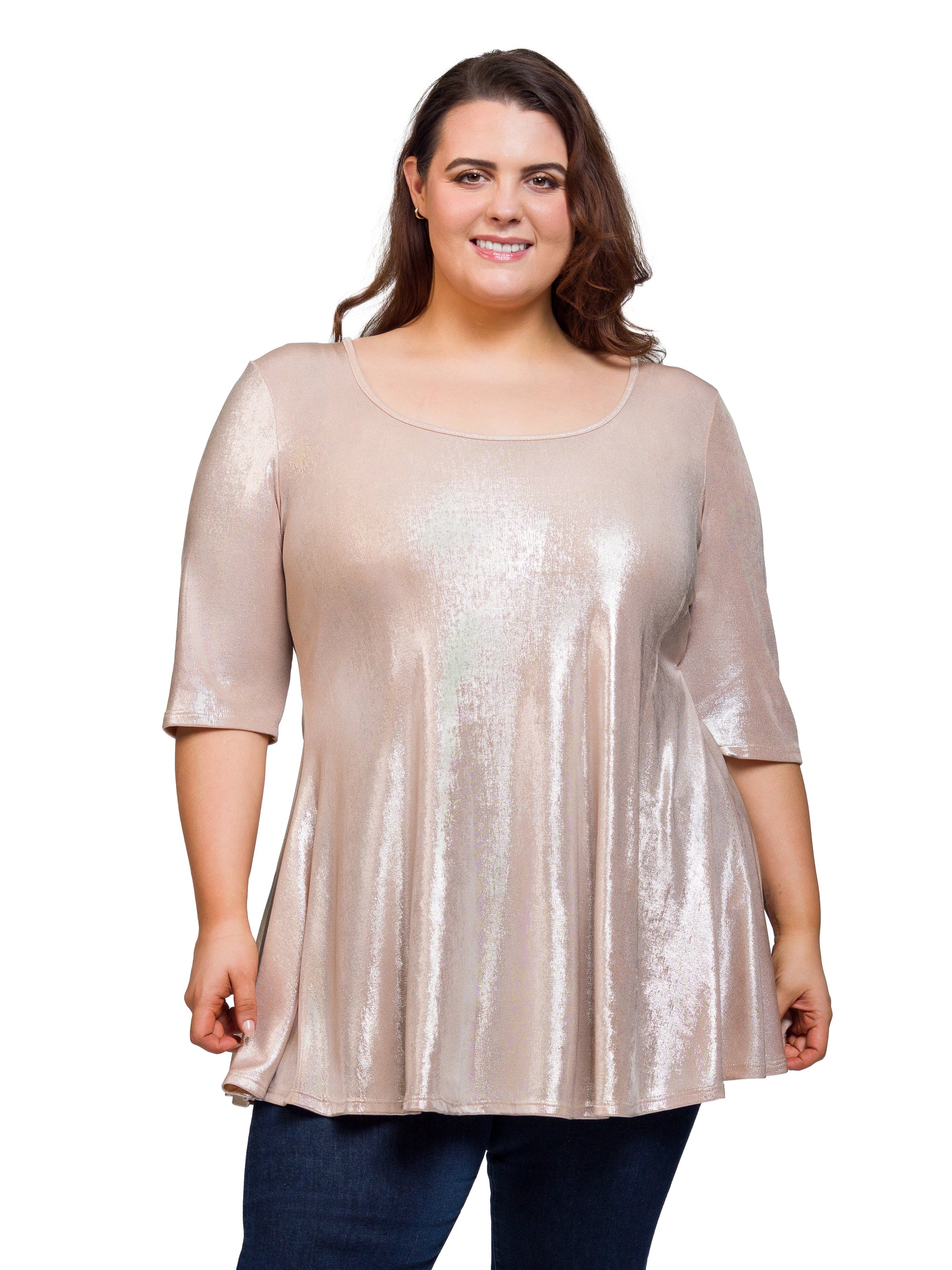 24seven Comfort Apparel Plus Size Pink Metallic Scoop Neck Flared Tunic Top