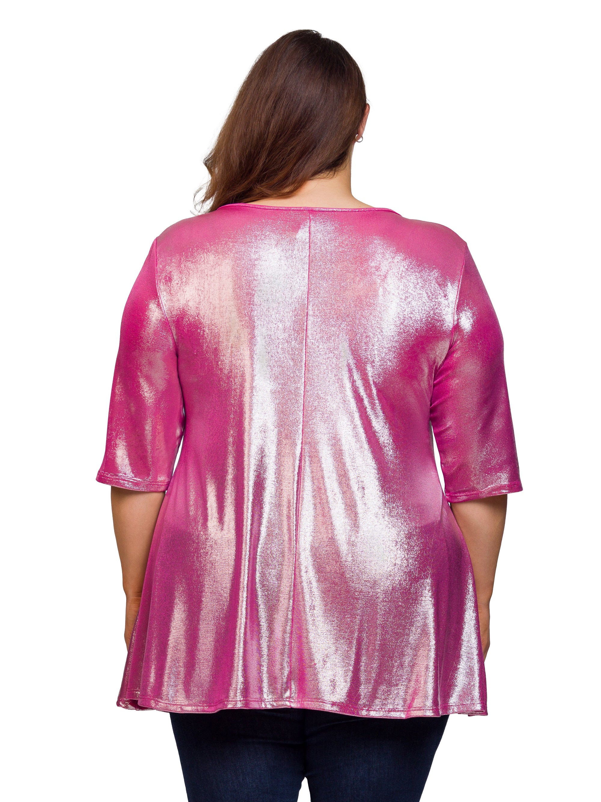 24seven Comfort Apparel Plus Size Pink Metallic Scoop Neck Flared Tunic Top