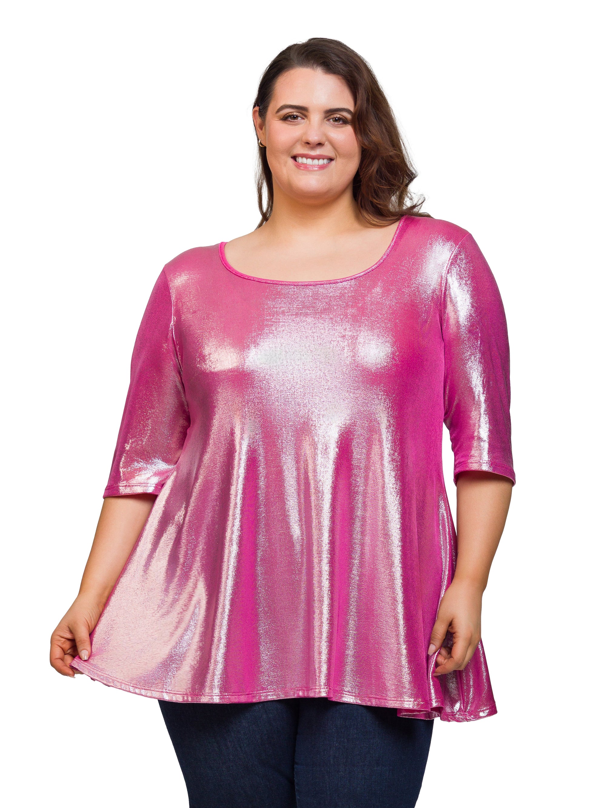 24seven Comfort Apparel Plus Size Pink Metallic Scoop Neck Flared Tunic Top