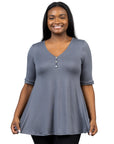 Elbow Sleeve Henley Plus Size Tunic Top