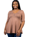 Elbow Sleeve Henley Plus Size Tunic Top