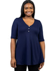 Elbow Sleeve Henley Plus Size Tunic Top
