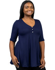 Elbow Sleeve Henley Plus Size Tunic Top