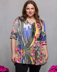 24seven Comfort Apparel Plus Size Multicolor Floral Print Elbow Sleeve V Neck Henley Tunic Top