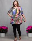 24seven Comfort Apparel Plus Size Multicolor Floral Print Elbow Sleeve V Neck Henley Tunic Top