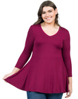 V-Neck Plus Size Three Quarter Sleeve Tunic Top For Women