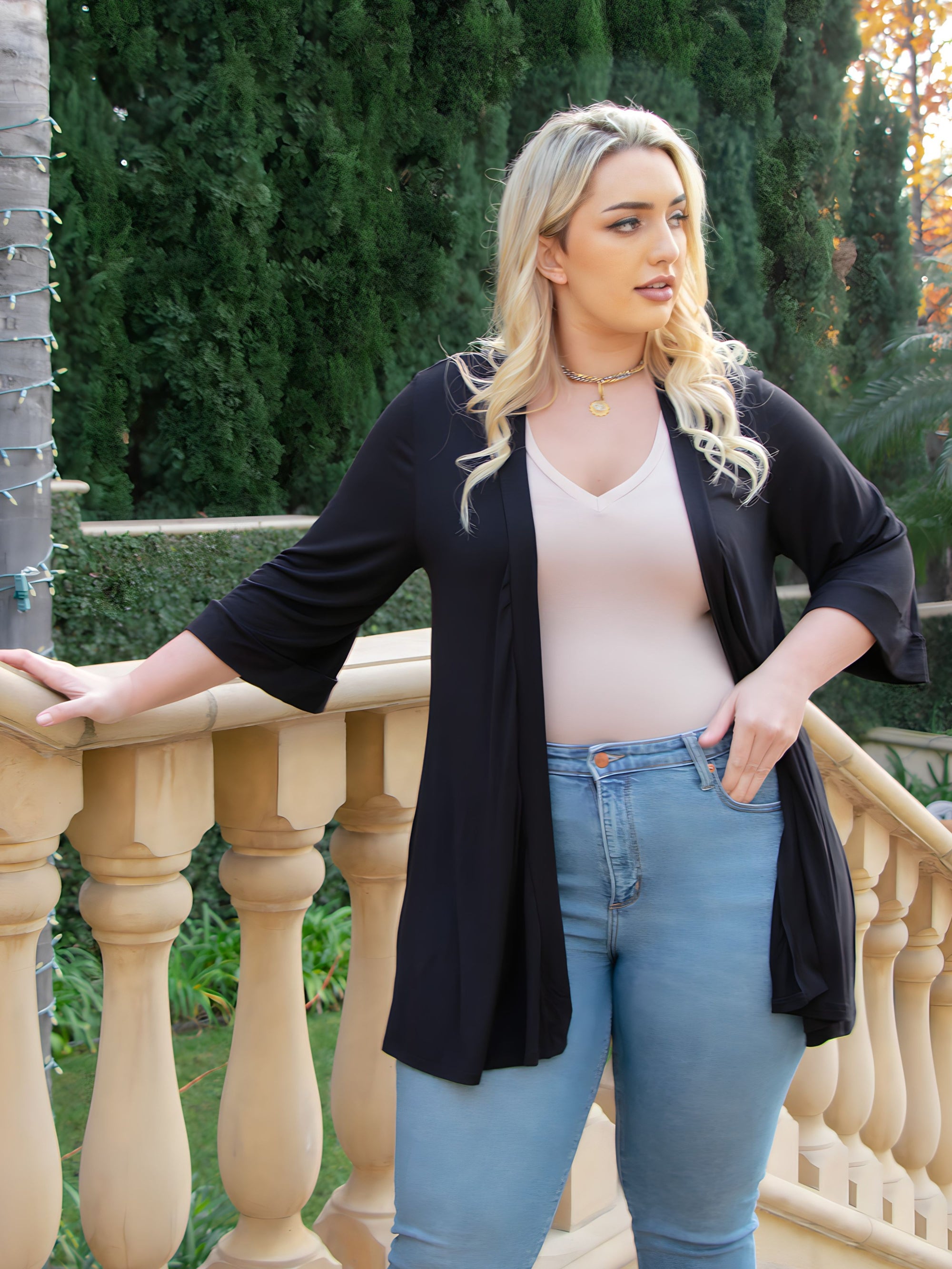 Elbow Length Sleeve Open Front Plus Size Cardigan