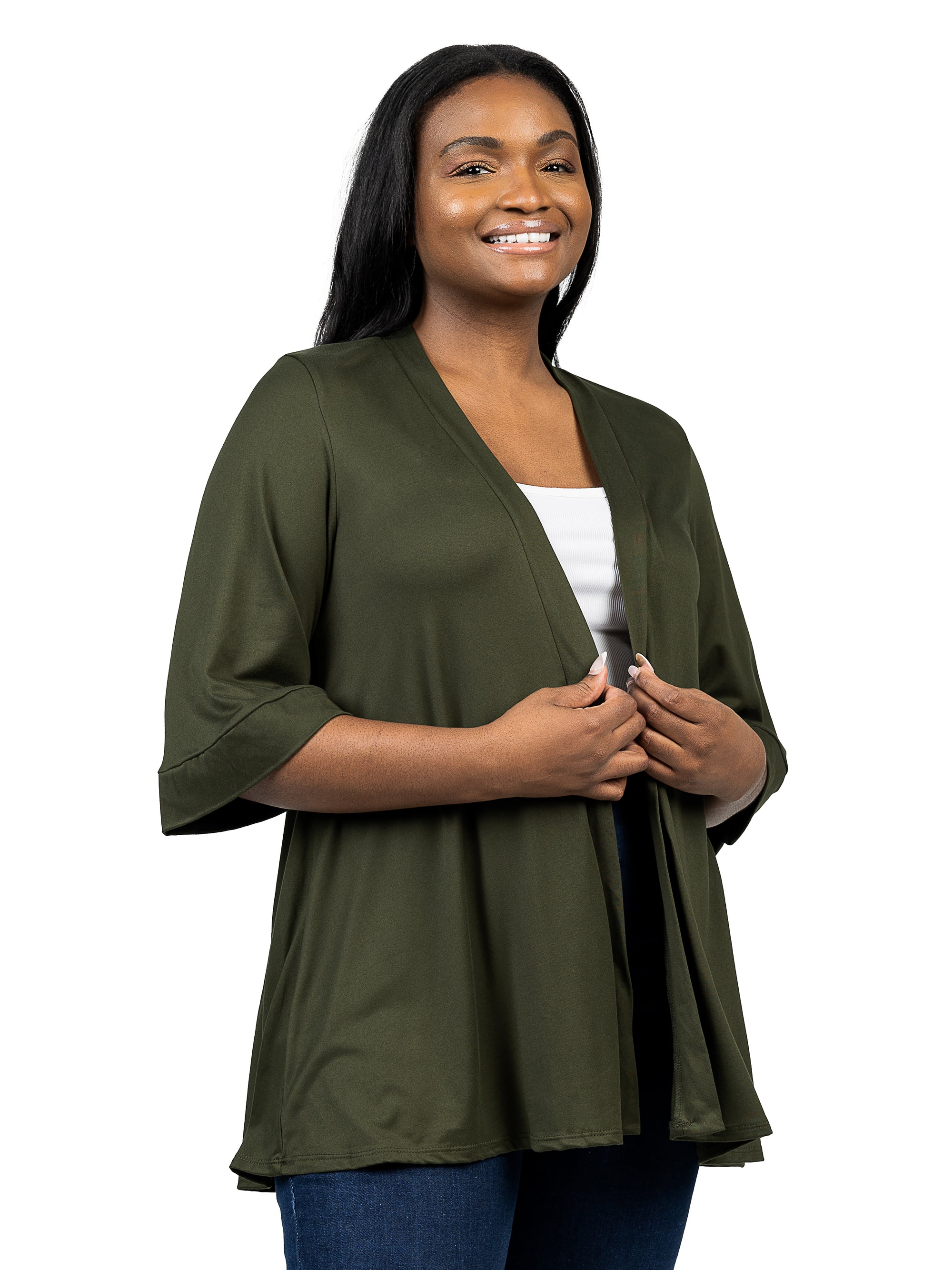 Elbow Length Sleeve Open Front Plus Size Cardigan