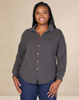 Plus Size Ribbed Button Up Long Sleeve Collared Shirt Jacket