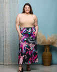 24seven Comfort Apparel Plus Size Black and Pink Paisley Elastic Waist A Line Maxi Skirt