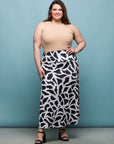 24seven Comfort Apparel Plus Size Black and White Print Elastic Waist A Line Maxi Skirt