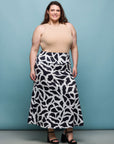 24seven Comfort Apparel Plus Size Black and White Print Elastic Waist A Line Maxi Skirt