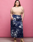 24seven Comfort Apparel Plus Size Navy Floral Print Elastic Waist A Line Maxi Skirt