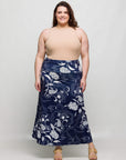 24seven Comfort Apparel Plus Size Navy Floral Print Elastic Waist A Line Maxi Skirt