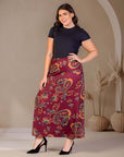 Plus Size Wine Print Elastic Waist A Line Maxi Skirt