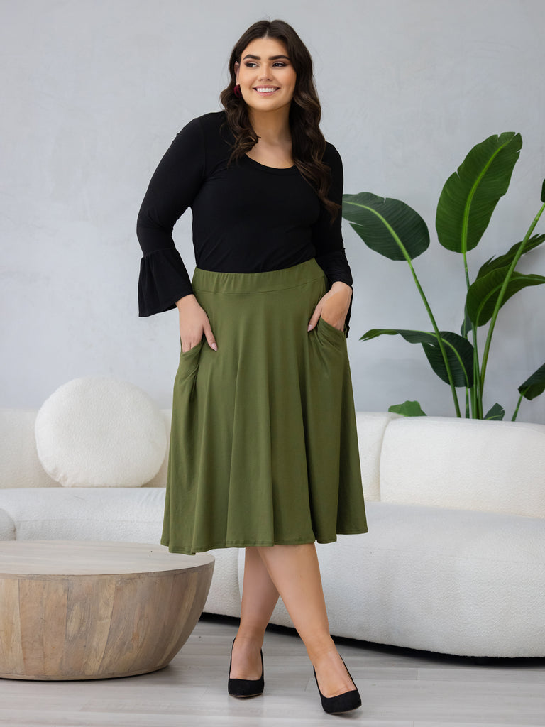 Classic Plus Size Knee Length Black Skirt With Pockets 24seven