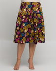 24seven Comfort Apparel Plus Size Purple Floral Elastic Waist Pocket Midi Skirt