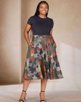 Plus Size Green Print Elastic Waist Pocket Midi Skirt