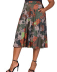 Plus Size Green Print Elastic Waist Pocket Midi Skirt