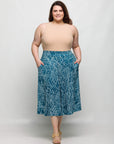24seven Comfort Apparel Plus Size Teal Geometric Print Elastic Waist Pocket Midi Skirt