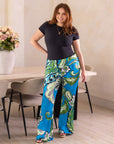 24seven Comfort Apparel Plus Size Teal Paisley Print Bell Bottom Foldover Waist Pants