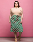 24seven Comfort Apparel Plus Size Green Geometric Print Comfortable Elastic Waist Knee Length Skirt