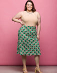 24seven Comfort Apparel Plus Size Green Geometric Print Comfortable Elastic Waist Knee Length Skirt