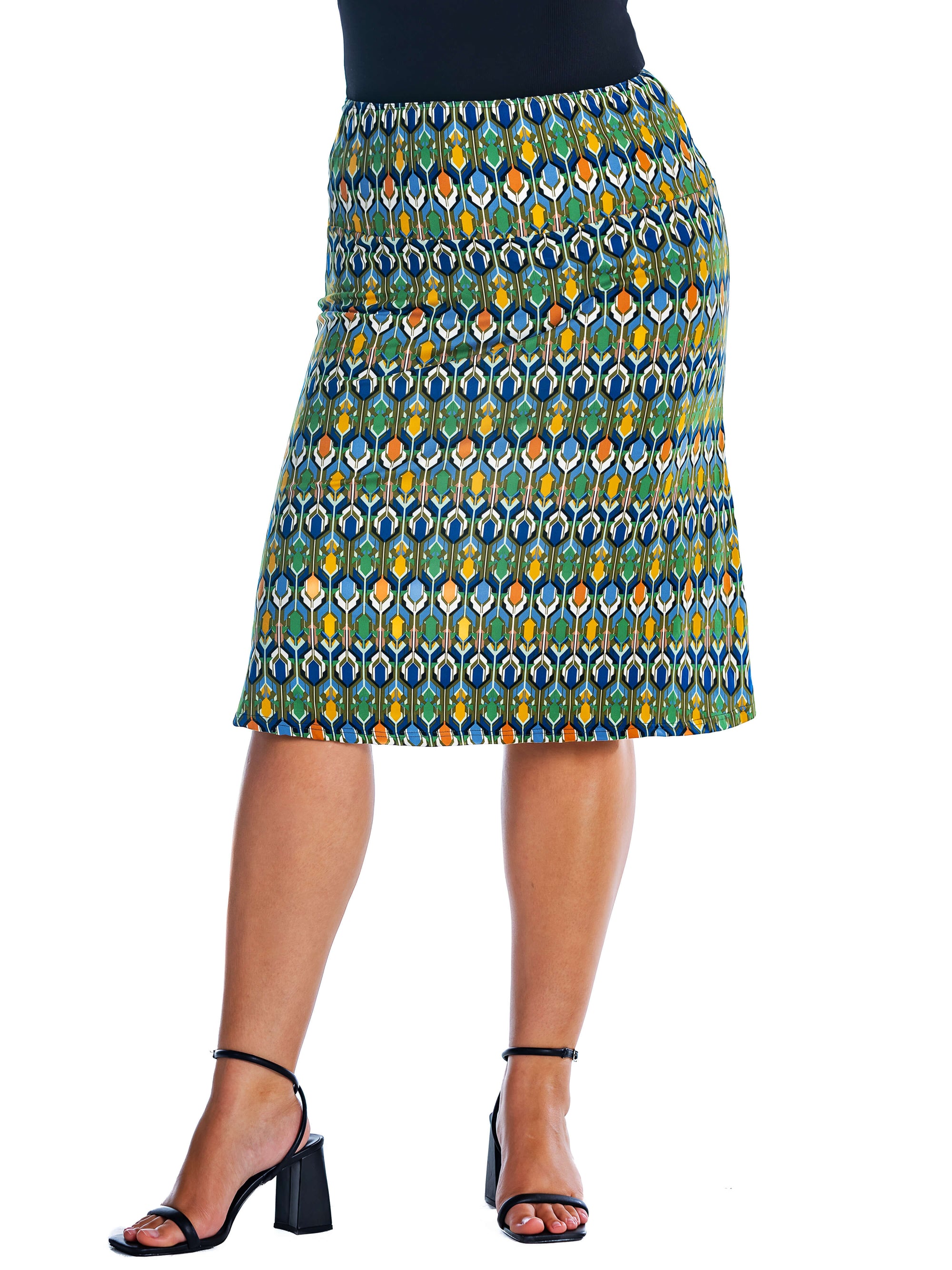 Green Geometric Elastic Waist Knee Length Plus Size Skirt