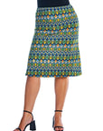 Green Geometric Elastic Waist Knee Length Plus Size Skirt