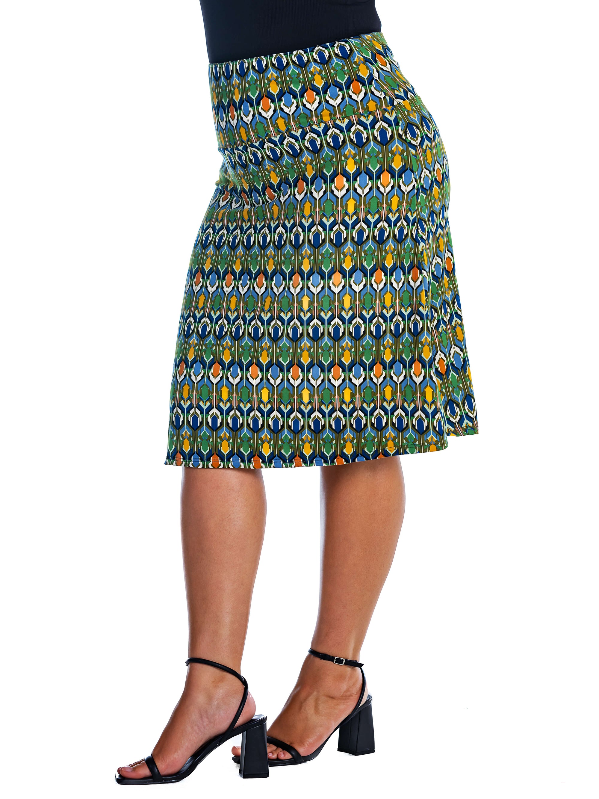 Green Geometric Elastic Waist Knee Length Plus Size Skirt