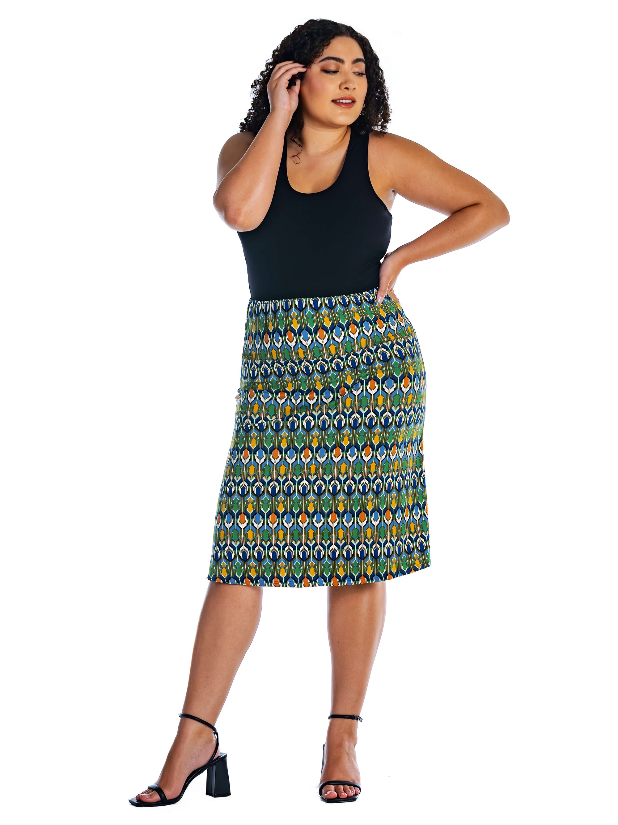 Green Geometric Elastic Waist Knee Length Plus Size Skirt