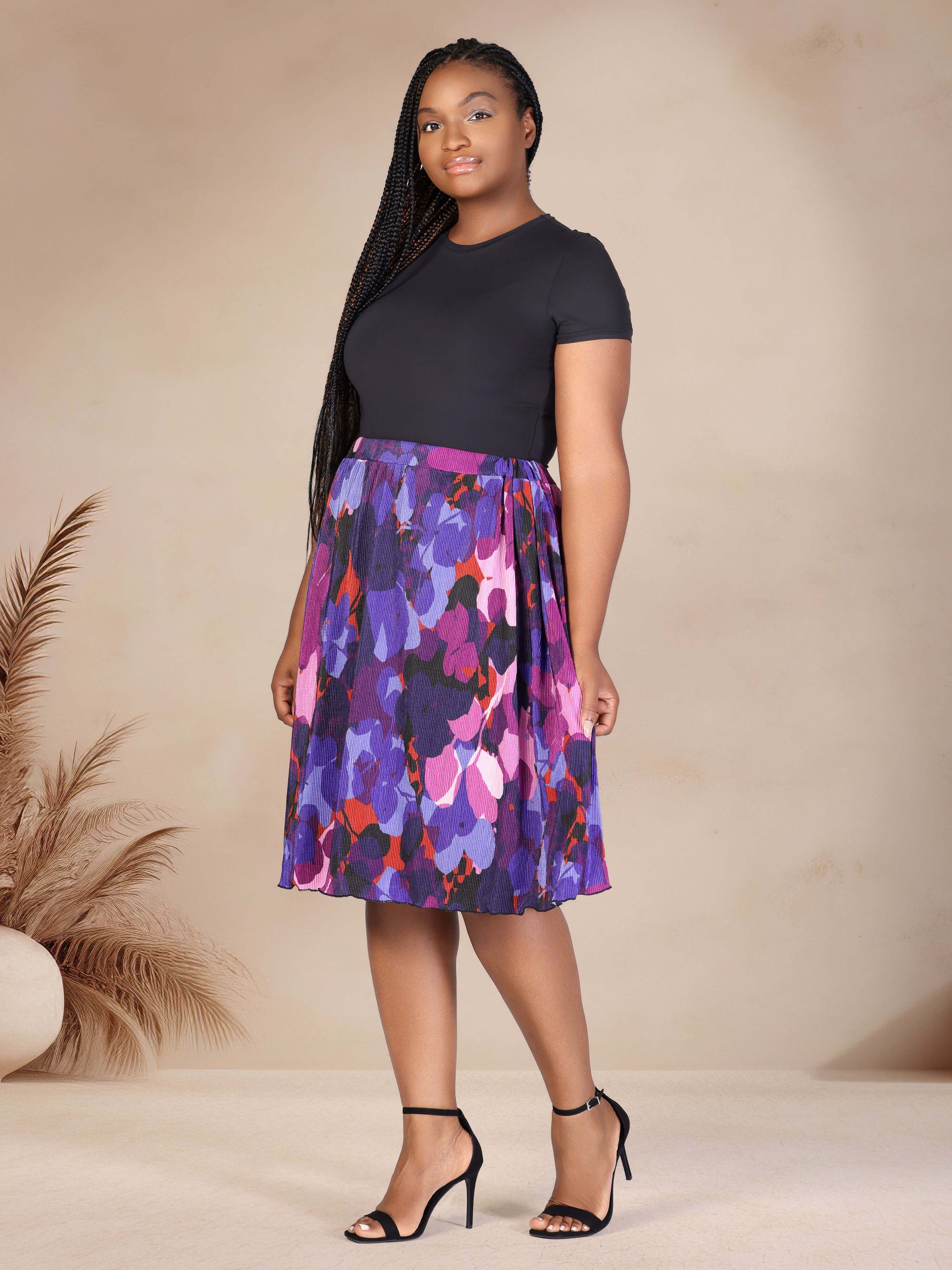 Plus Size Multicolor Accordion Pleated Elastic Waistband Party Midi Skirt