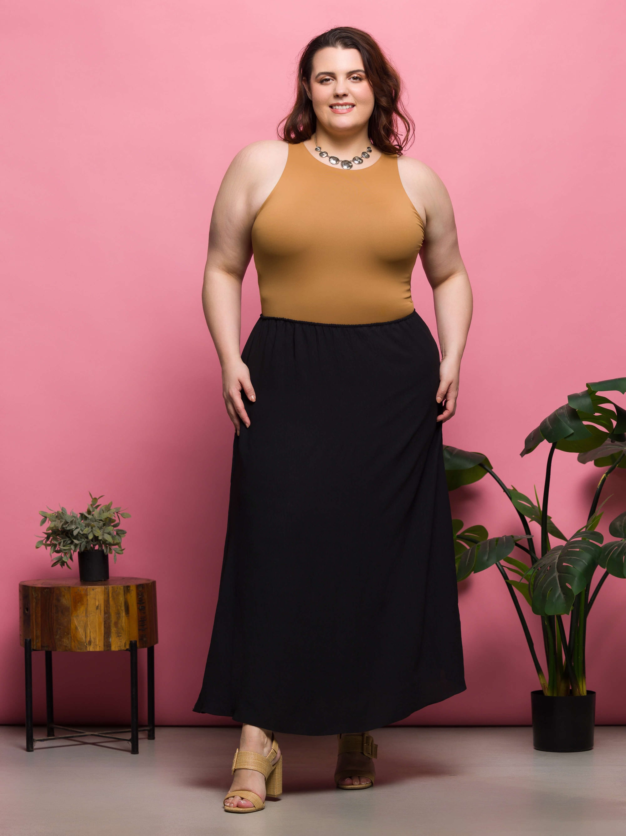 24seven Comfort Apparel Plus Size Elastic Waist A Line Maxi Skirt