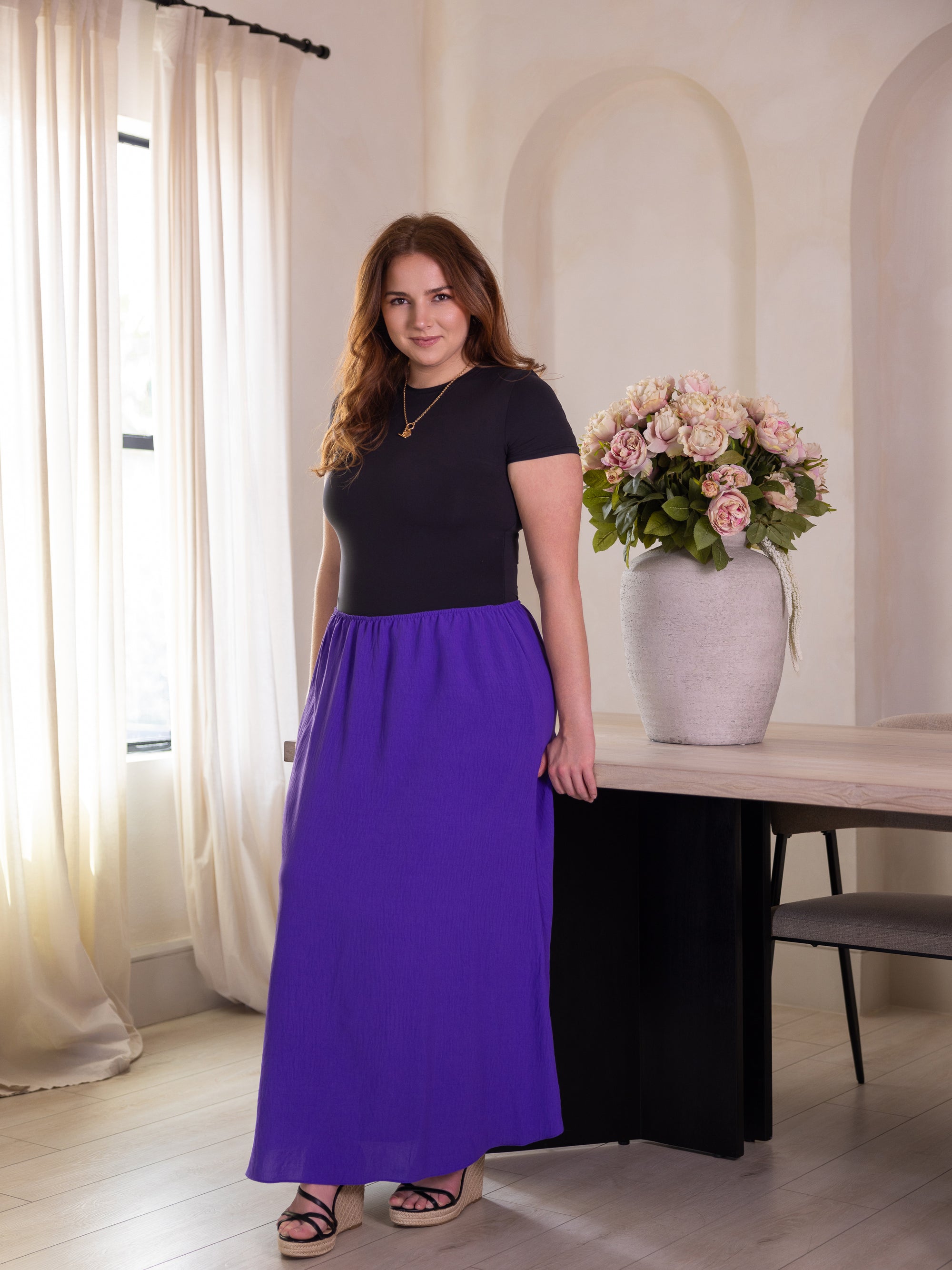 24seven Comfort Apparel Plus Size Elastic Waist A Line Maxi Skirt