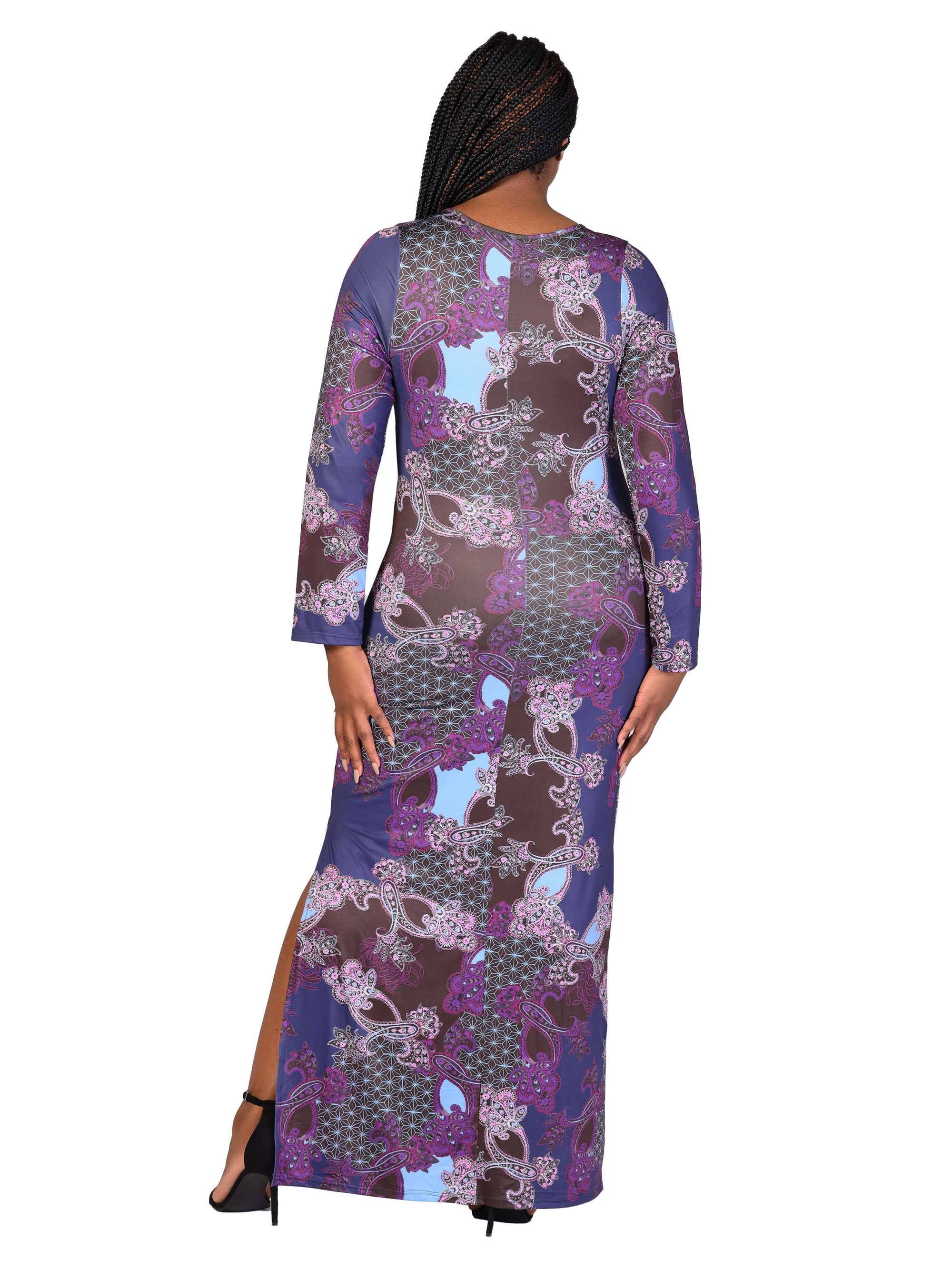 Plus Size Purple Paisley Long Sleeve Side Slit Fitted Maxi Dress