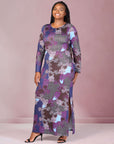 Plus Size Purple Paisley Long Sleeve Side Slit Fitted Maxi Dress