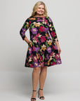 Plus Size Black Multicolor Floral Fit and Flare Pocket Knee Length Dress
