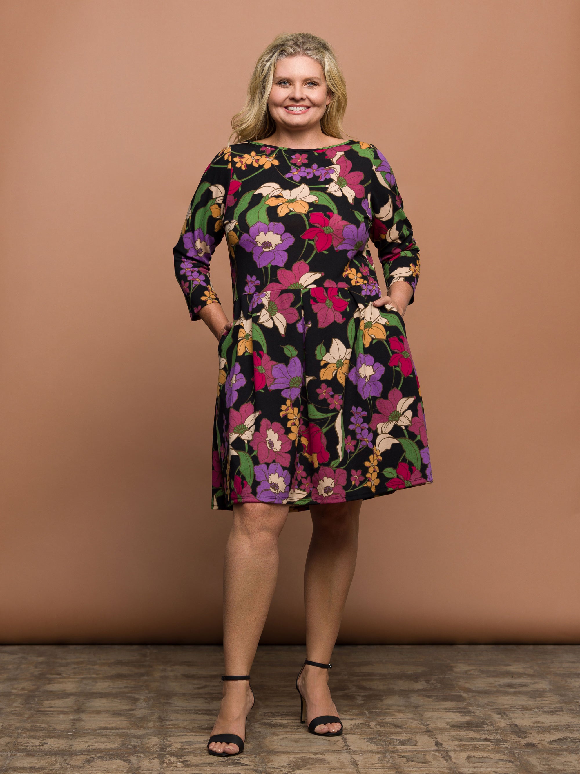 Plus Size Black Multicolor Floral Fit and Flare Pocket Knee Length Dress