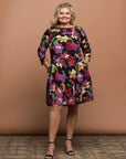 Plus Size Black Multicolor Floral Fit and Flare Pocket Knee Length Dress