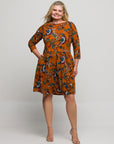 24seven Comfort Apparel Plus Size Rust Paisley Print Fit Flare Knee Length Dress