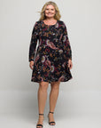 24seven Comfort Apparel Plus Size Black Paisley Print Long Sleeve Fit and Flare Dress