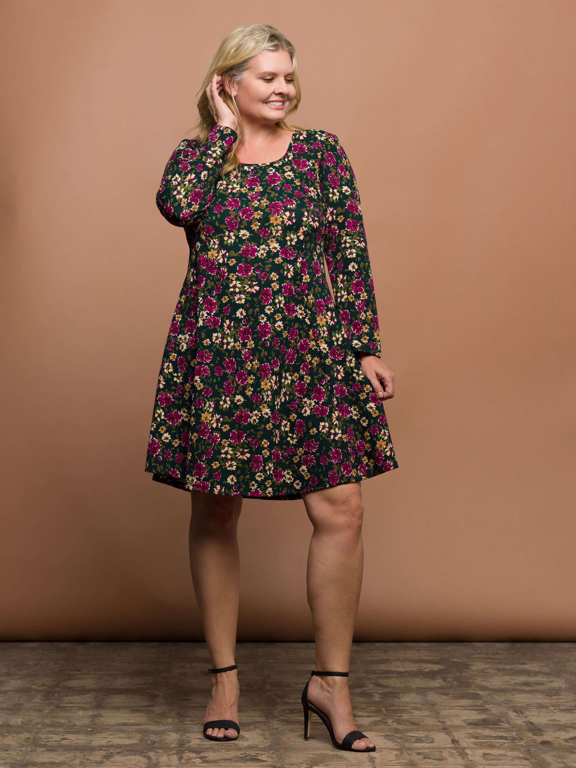 24seven Comfort Apparel Plus Size Floral Print Long Sleeve Fit and Flare Mini Dress