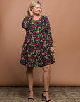24seven Comfort Apparel Plus Size Floral Print Long Sleeve Fit and Flare Mini Dress