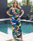 24seven Comfort Apparel Plus Size Off Shoulder Multicolor Print Side Slit Maxi Dress