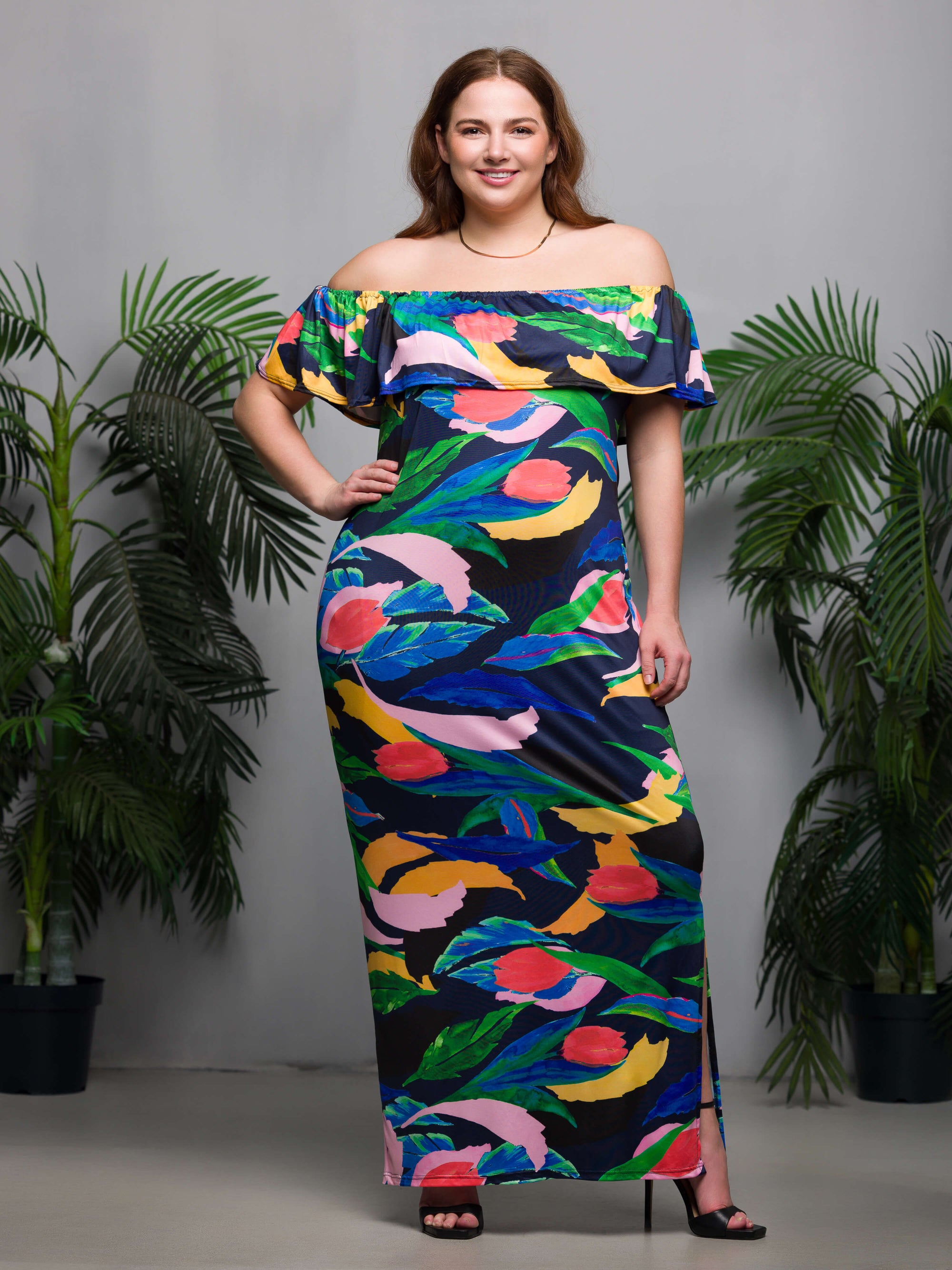 24seven Comfort Apparel Plus Size Off Shoulder Multicolor Print Side Slit Maxi Dress