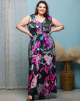24seven Comfort Apparel Plus Size Black and Pink  Print V Neck Empire Waist Sleeveless Maxi Dress