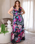 24seven Comfort Apparel Plus Size Black and Pink  Print V Neck Empire Waist Sleeveless Maxi Dress