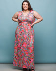 24seven Comfort Apparel Plus Size Pink Paisley Print V Neck Empire Waist Sleeveless Maxi Dress